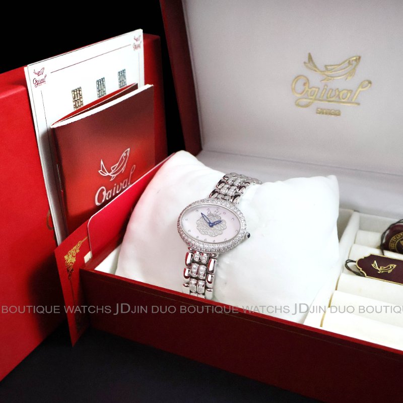 金鐸精品~2485 Ogival 愛其華 山茶花系列珍珠貝面盤石英女用腕錶-6