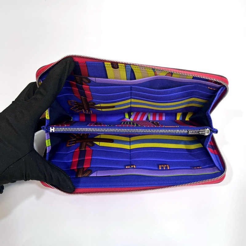 HERMES Q5國旗紅EPSOM銀ㄇ拉紫內裡絲巾長夾-5