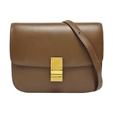 CELINE CLASSIC BOX 中號 棕色牛皮豆腐包單肩包 金色五金 可拆卸肩帶