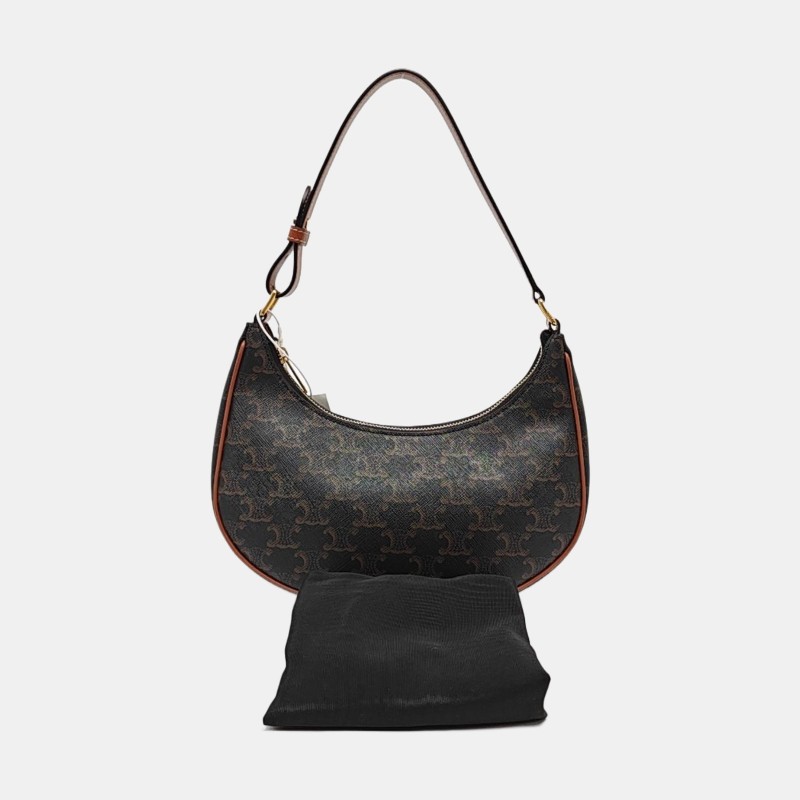 CELINE AVA 棕色塗層帆布凱旋門單肩包 金色五金-7