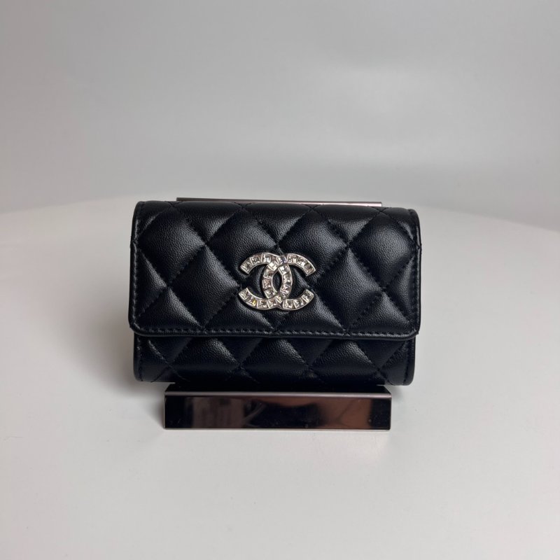 CAHNEL CF季節款滿鑽雙C卡包黑羊皮晶片款-0