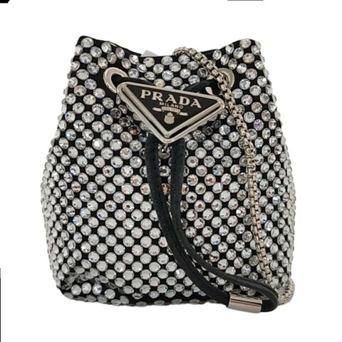 PRADA 水桶包 迷你 透明色織物徽標拼貼單肩包斜挎包 銀色五金 可拆卸肩帶 9.8新