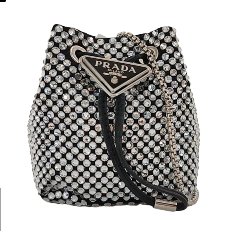 PRADA 水桶包 迷你 透明色織物徽標拼貼單肩包斜挎包 銀色五金 可拆卸肩帶 9.8新-0