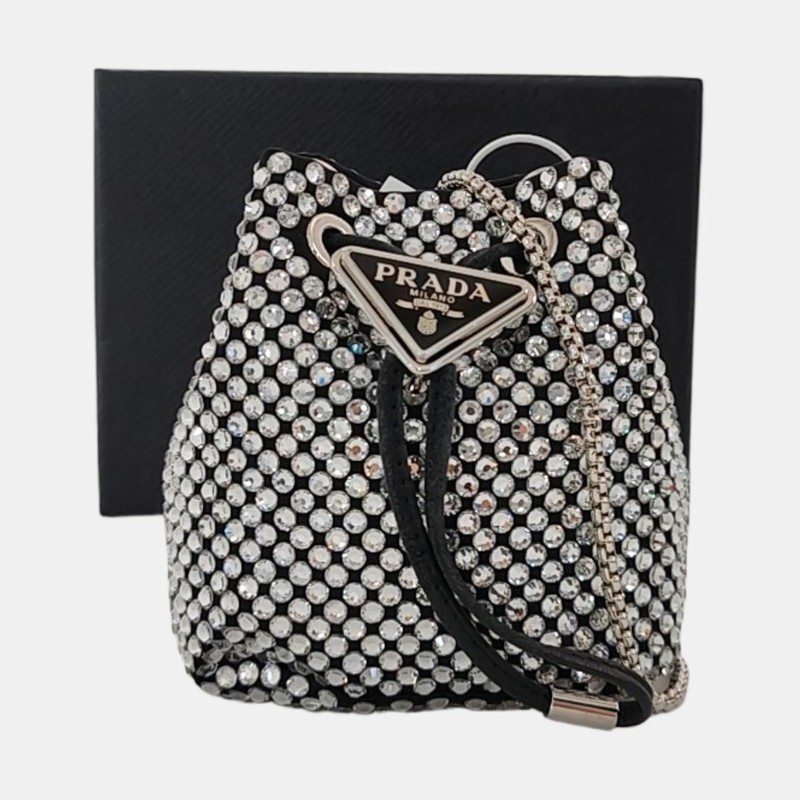 PRADA 水桶包 迷你 透明色織物徽標拼貼單肩包斜挎包 銀色五金 可拆卸肩帶 9.8新-7