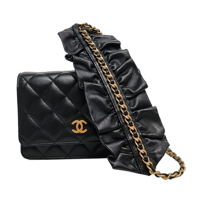 CHANEL WOC 黑色羊皮菱格紋絎縫斜挎包 金色五金 30開 9.8新-0