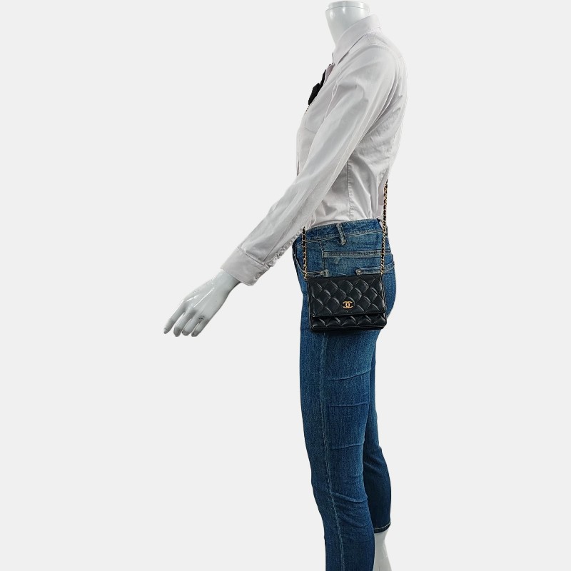 CHANEL WOC 黑色羊皮菱格紋絎縫斜挎包 金色五金 30開 9.8新-1