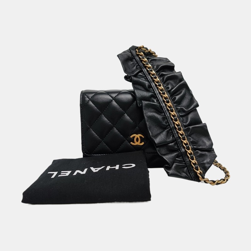 CHANEL WOC 黑色羊皮菱格紋絎縫斜挎包 金色五金 30開 9.8新-7