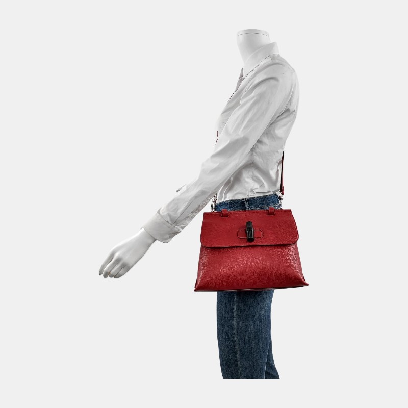 GUCCI Daily 紅色牛皮竹節單肩包手提包 銀色五金 可拆卸肩帶-1