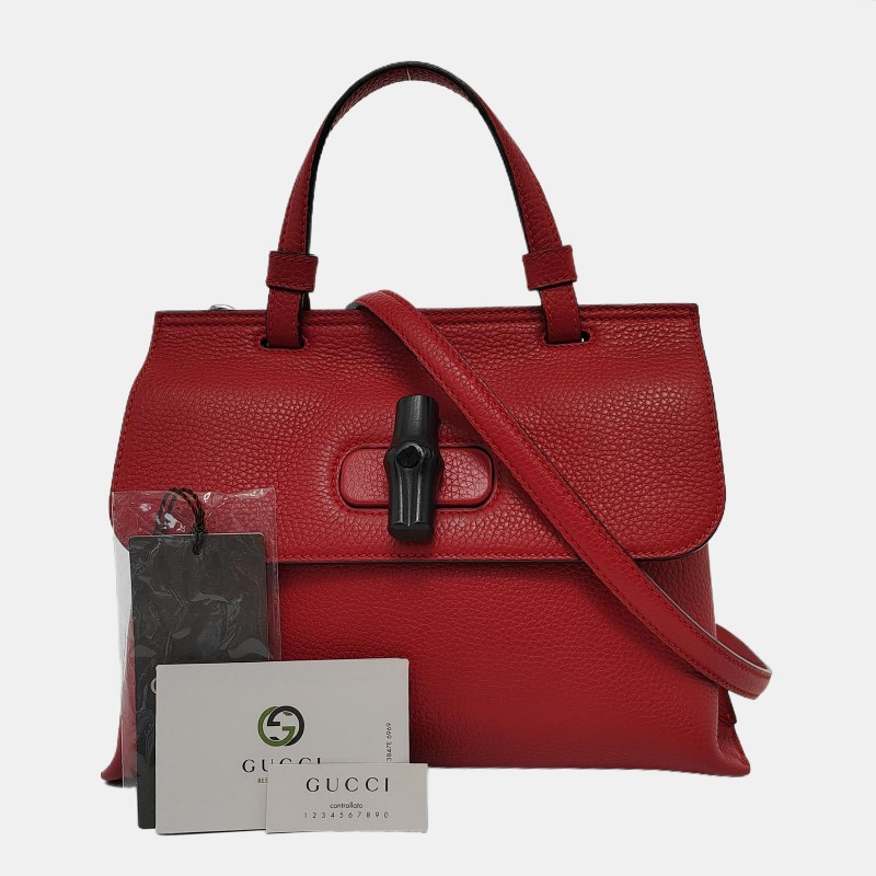 GUCCI Daily 紅色牛皮竹節單肩包手提包 銀色五金 可拆卸肩帶-6