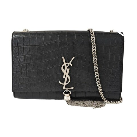 YSL KATE 中號 黑色牛皮流蘇鱷魚紋單肩包 銀色五金 9.8新