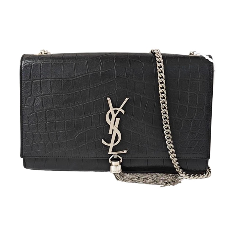 YSL KATE 中號 黑色牛皮流蘇鱷魚紋單肩包 銀色五金 9.8新-0