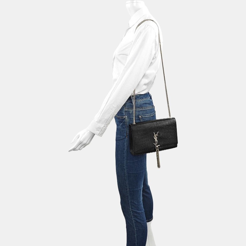 YSL KATE 中號 黑色牛皮流蘇鱷魚紋單肩包 銀色五金 9.8新-1