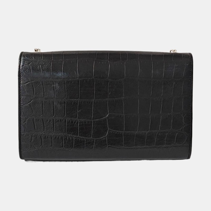 YSL KATE 中號 黑色牛皮流蘇鱷魚紋單肩包 銀色五金 9.8新-4