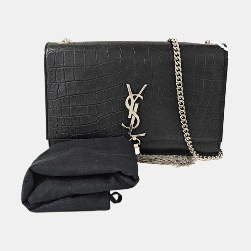 YSL KATE 中號 黑色牛皮流蘇鱷魚紋單肩包 銀色五金 9.8新-7