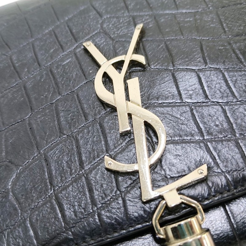 YSL KATE 中號 黑色牛皮流蘇鱷魚紋單肩包 銀色五金 9.8新-8
