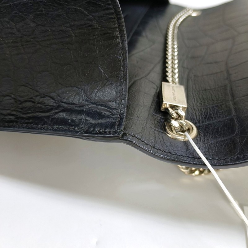 YSL KATE 中號 黑色牛皮流蘇鱷魚紋單肩包 銀色五金 9.8新-9