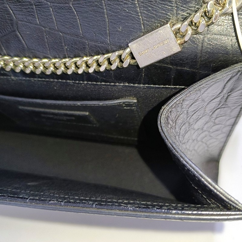 YSL KATE 中號 黑色牛皮流蘇鱷魚紋單肩包 銀色五金 9.8新-12