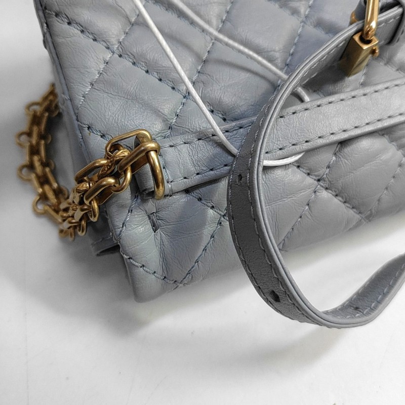 CHANEL 2.55藍色牛皮菱格紋絎縫腰包手提包單肩包 金色五金 27開 9.8新-9