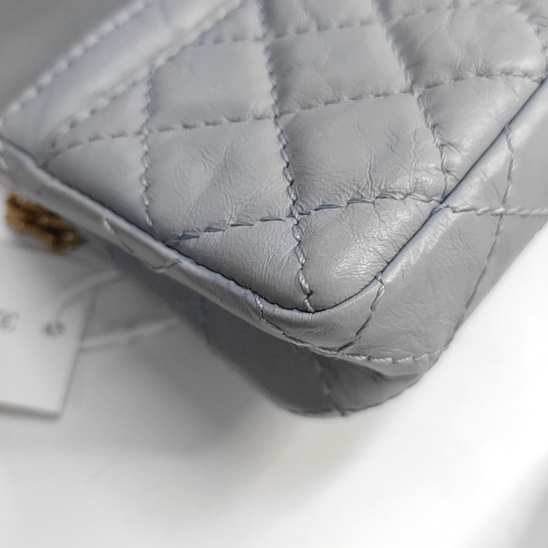 CHANEL 2.55藍色牛皮菱格紋絎縫腰包手提包單肩包 金色五金 27開 9.8新-10