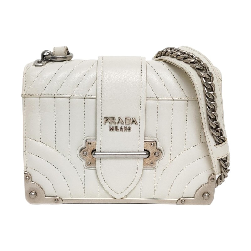 PRADA Cahier白色羊皮鉚釘絎縫斜挎包單肩包 銀色五金 可拆卸肩帶-0