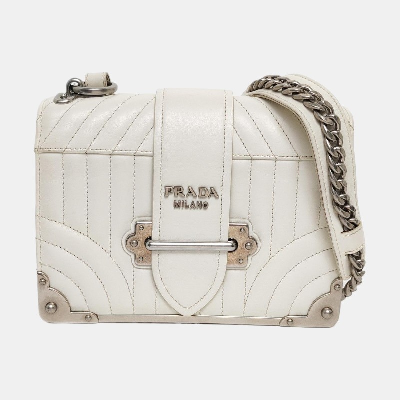 PRADA Cahier白色羊皮鉚釘絎縫斜挎包單肩包 銀色五金 可拆卸肩帶-7