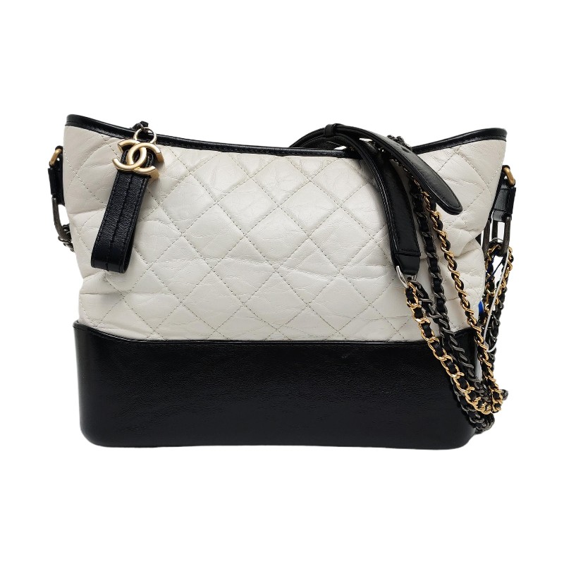 CHANEL GABRIELLE 中號 白色牛皮菱格紋絎縫流浪包斜挎包單肩包 金色銀色釘色五金 24開 可拆卸肩帶-0