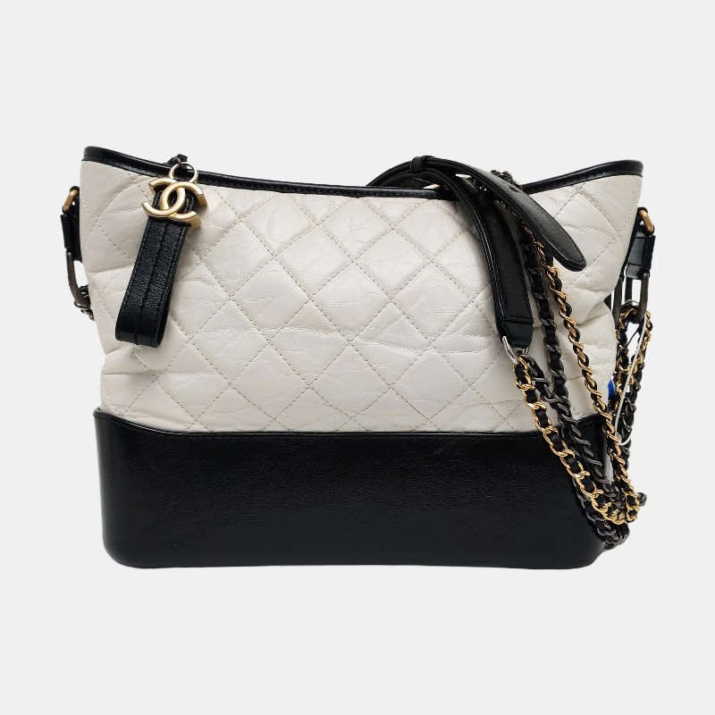 CHANEL GABRIELLE 中號 白色牛皮菱格紋絎縫流浪包斜挎包單肩包 金色銀色釘色五金 24開 可拆卸肩帶-7