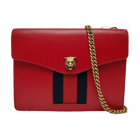 GUCCI Animalier紅色牛皮條紋織帶虎頭單肩包斜挎包 金色五金 可拆卸肩帶