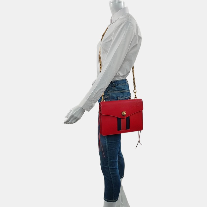 GUCCI Animalier紅色牛皮條紋織帶虎頭單肩包斜挎包 金色五金 可拆卸肩帶-1