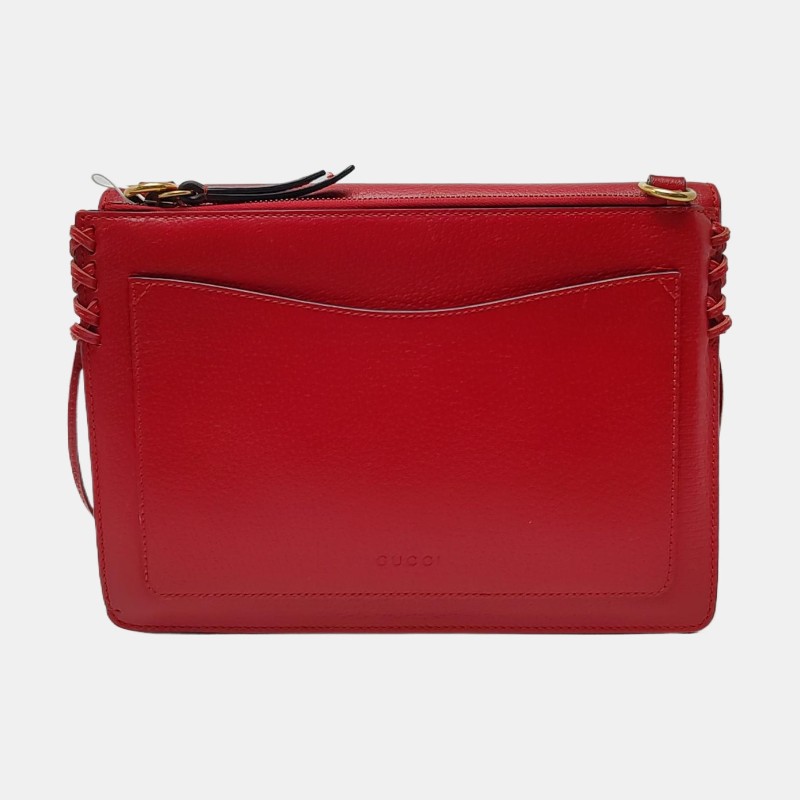 GUCCI Animalier紅色牛皮條紋織帶虎頭單肩包斜挎包 金色五金 可拆卸肩帶-4