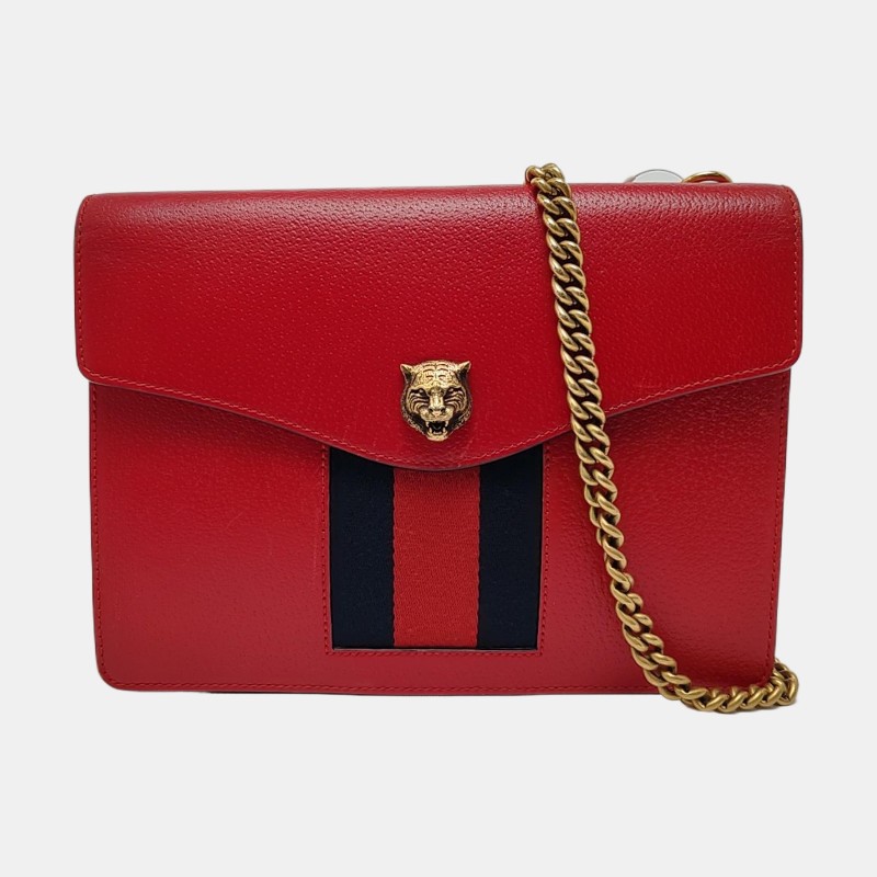 GUCCI Animalier紅色牛皮條紋織帶虎頭單肩包斜挎包 金色五金 可拆卸肩帶-7