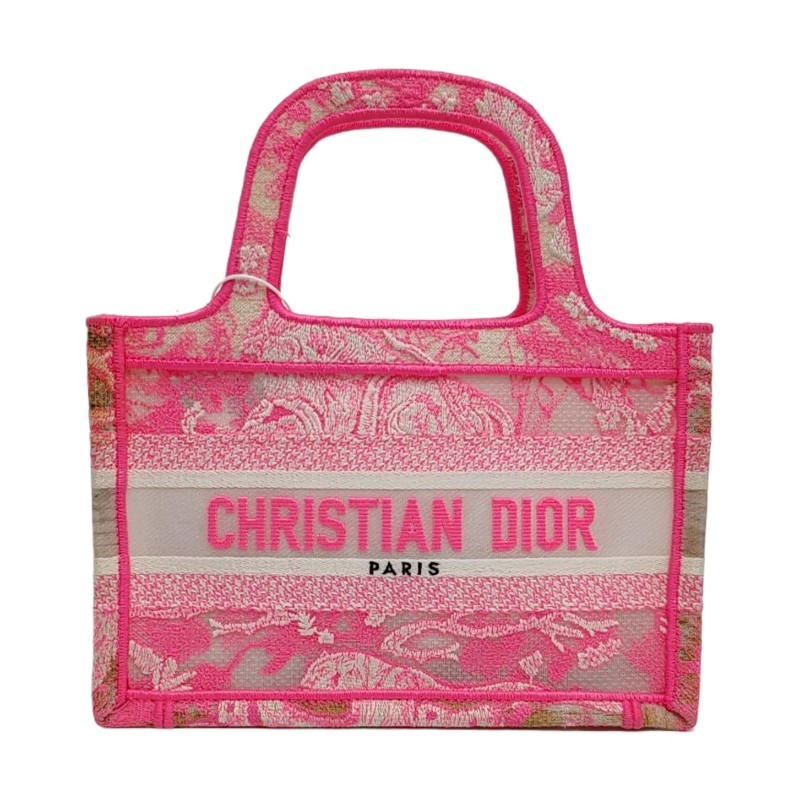DIOR Book Tote 迷你 粉色織物刺繡提花手提包-0