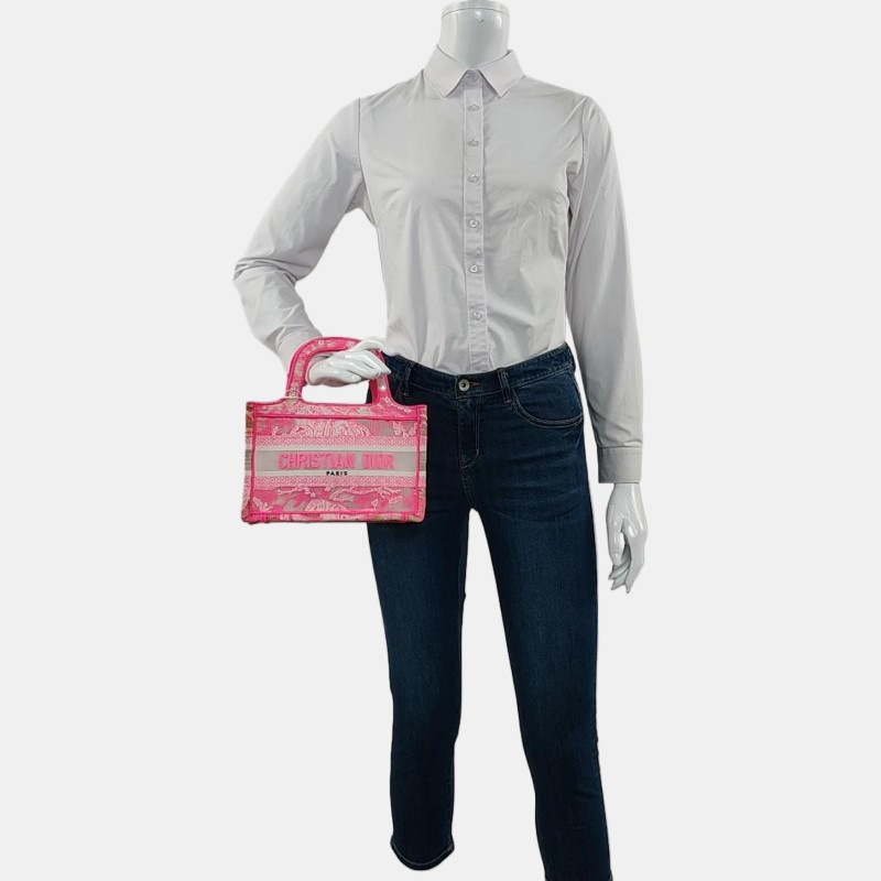 DIOR Book Tote 迷你 粉色織物刺繡提花手提包-1