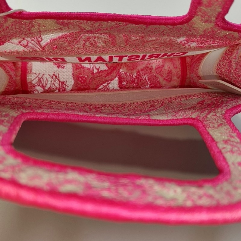 DIOR Book Tote 迷你 粉色織物刺繡提花手提包-6