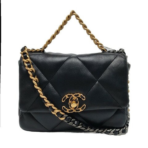 CHANEL CHANEL 19 小號 黑色羊皮菱格紋絎縫單肩包斜挎包 金色銀色釘色五金 9.9新