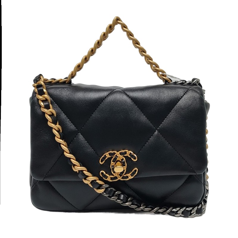 CHANEL CHANEL 19 小號 黑色羊皮菱格紋絎縫單肩包斜挎包 金色銀色釘色五金 9.9新-0