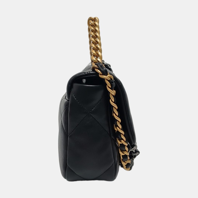 CHANEL CHANEL 19 小號 黑色羊皮菱格紋絎縫單肩包斜挎包 金色銀色釘色五金 9.9新-3