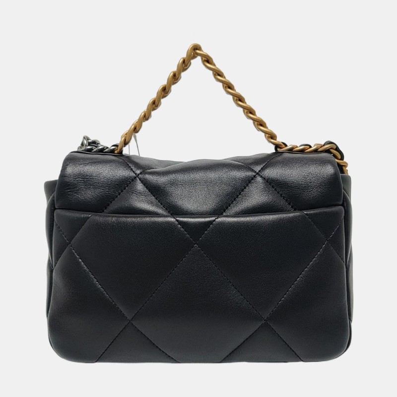 CHANEL CHANEL 19 小號 黑色羊皮菱格紋絎縫單肩包斜挎包 金色銀色釘色五金 9.9新-4