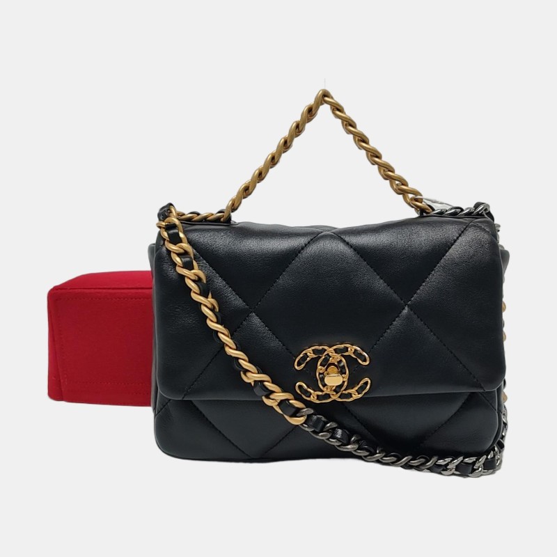 CHANEL CHANEL 19 小號 黑色羊皮菱格紋絎縫單肩包斜挎包 金色銀色釘色五金 9.9新-7