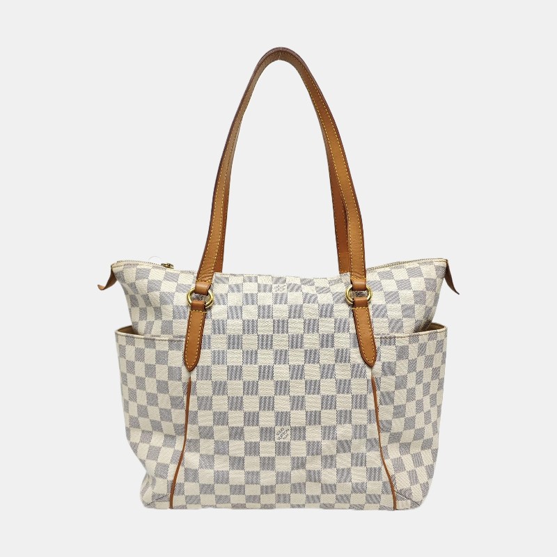 LOUIS VUITTON TOTALLY 中號 白色塗層帆布棋盤格手提包單肩包 金色五金-4