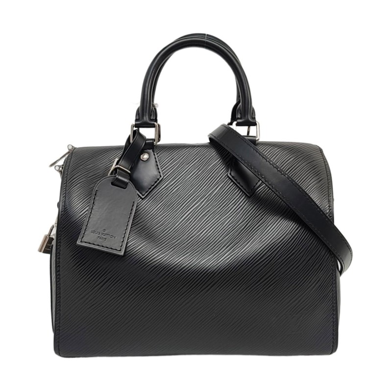 LOUIS VUITTON SPEEDY 25 黑色EPI 牛皮水波紋波士頓包單肩包手提包斜挎包 銀色五金 可拆卸肩帶-0