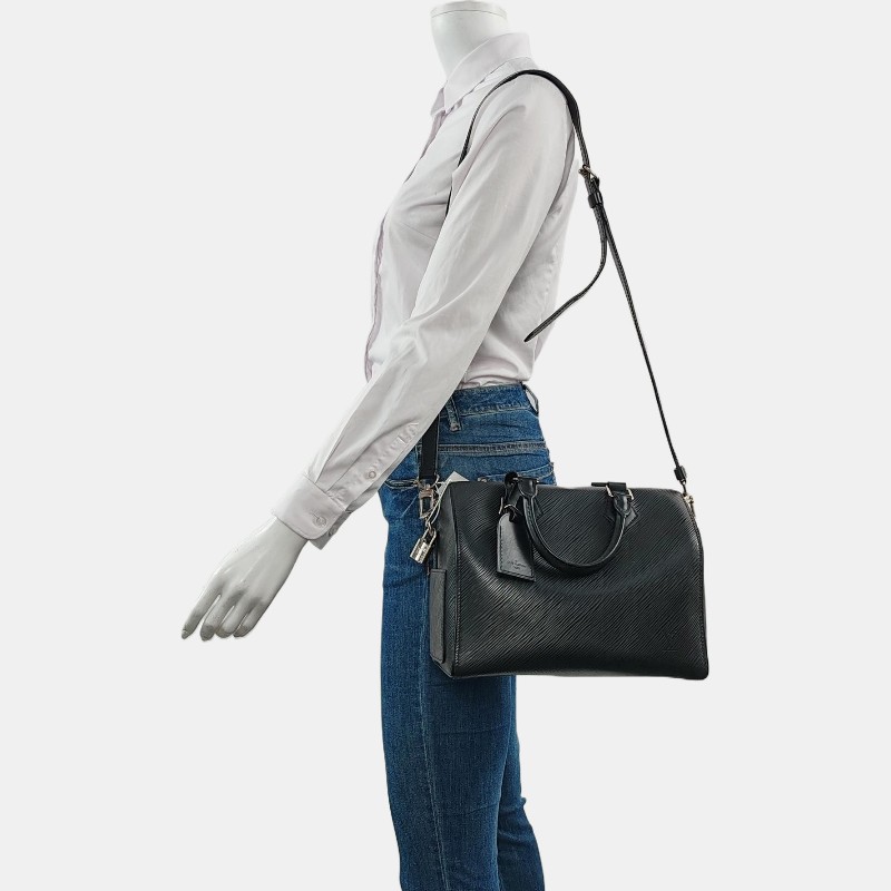 LOUIS VUITTON SPEEDY 25 黑色EPI 牛皮水波紋波士頓包單肩包手提包斜挎包 銀色五金 可拆卸肩帶-1