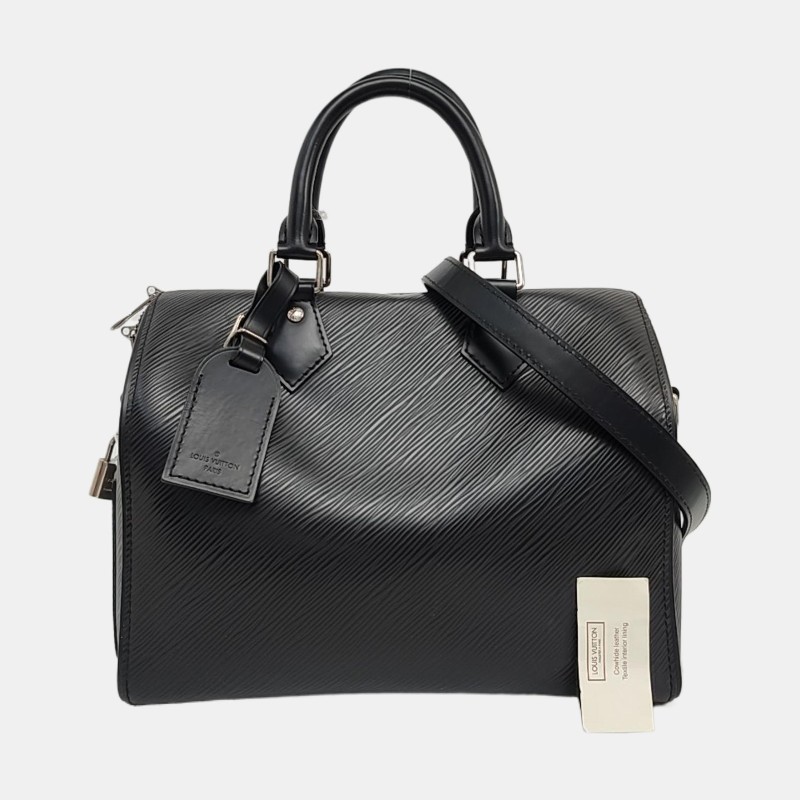 LOUIS VUITTON SPEEDY 25 黑色EPI 牛皮水波紋波士頓包單肩包手提包斜挎包 銀色五金 可拆卸肩帶-7