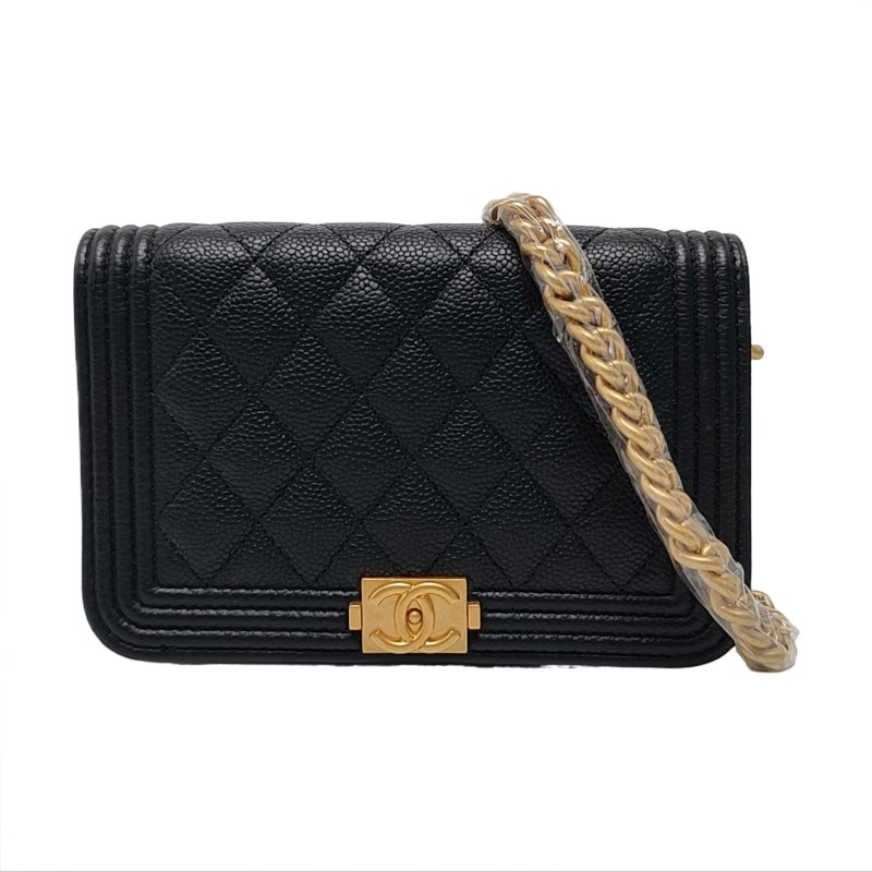 CHANEL BOY CHANEL 小號 黑色荔枝紋牛皮菱格紋絎縫單肩包斜挎包 金色五金31開-0