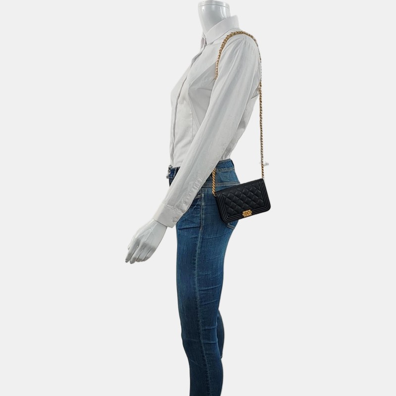 CHANEL BOY CHANEL 小號 黑色荔枝紋牛皮菱格紋絎縫單肩包斜挎包 金色五金31開-1