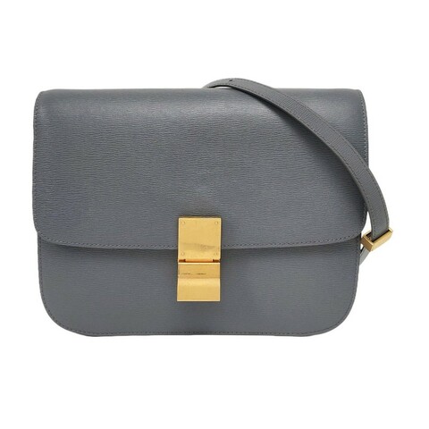 CELINE CLASSIC BOX 中號 灰色牛皮豆腐包斜挎包單肩包 金色五金 可拆卸肩帶 9.8新