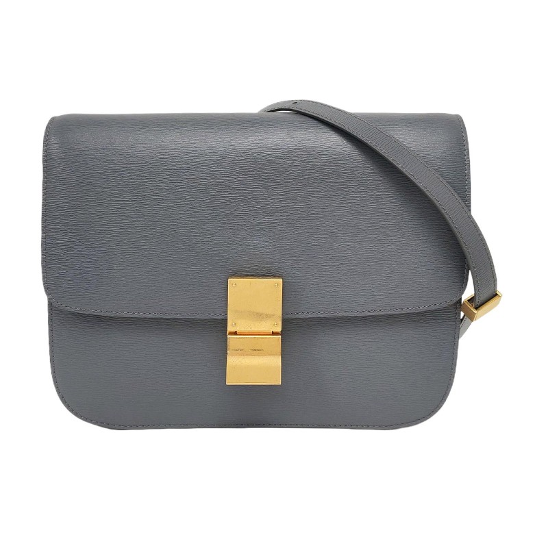 CELINE CLASSIC BOX 中號 灰色牛皮豆腐包斜挎包單肩包 金色五金 可拆卸肩帶 9.8新-0