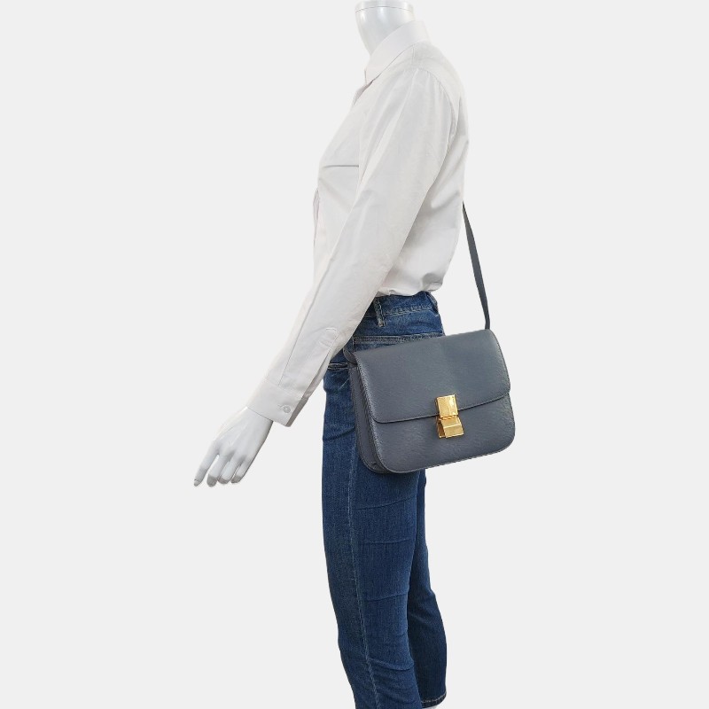 CELINE CLASSIC BOX 中號 灰色牛皮豆腐包斜挎包單肩包 金色五金 可拆卸肩帶 9.8新-1