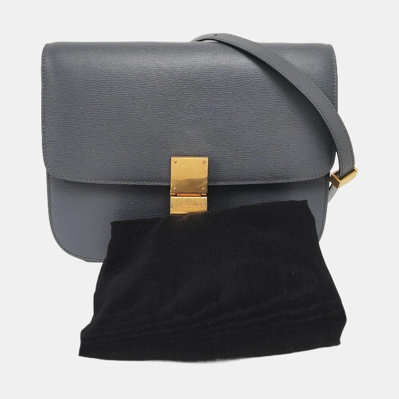 CELINE CLASSIC BOX 中號 灰色牛皮豆腐包斜挎包單肩包 金色五金 可拆卸肩帶 9.8新-7