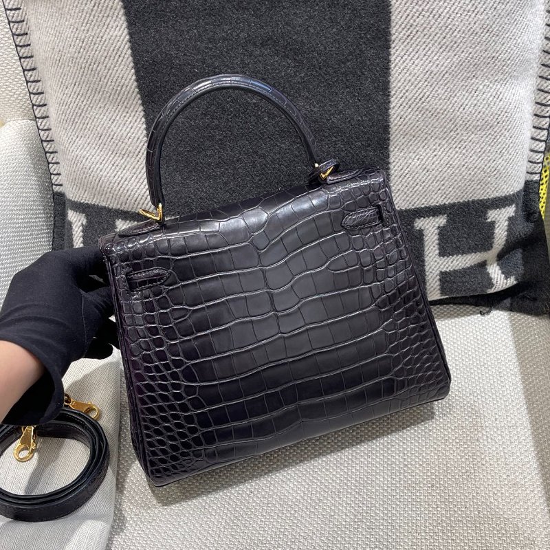 【極致天菜】HERMES 25CM KELLY 鱷魚 霧面 稀有黑紫色-5